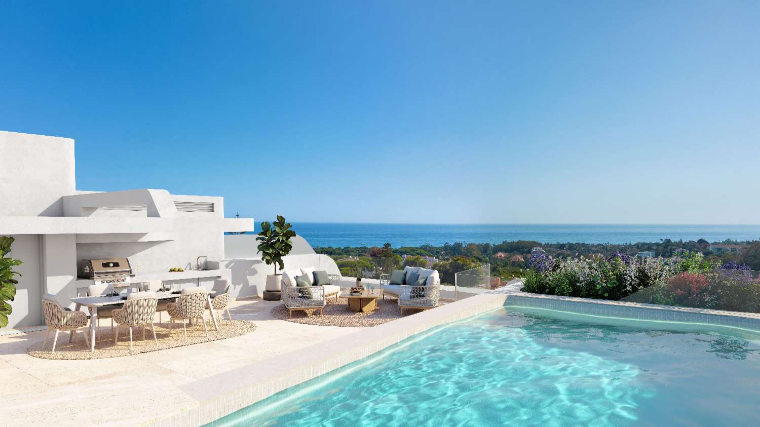 Penthouse orienté sud-ouest avec vue sur la piscine et la mer. Marbella, Cabopino.