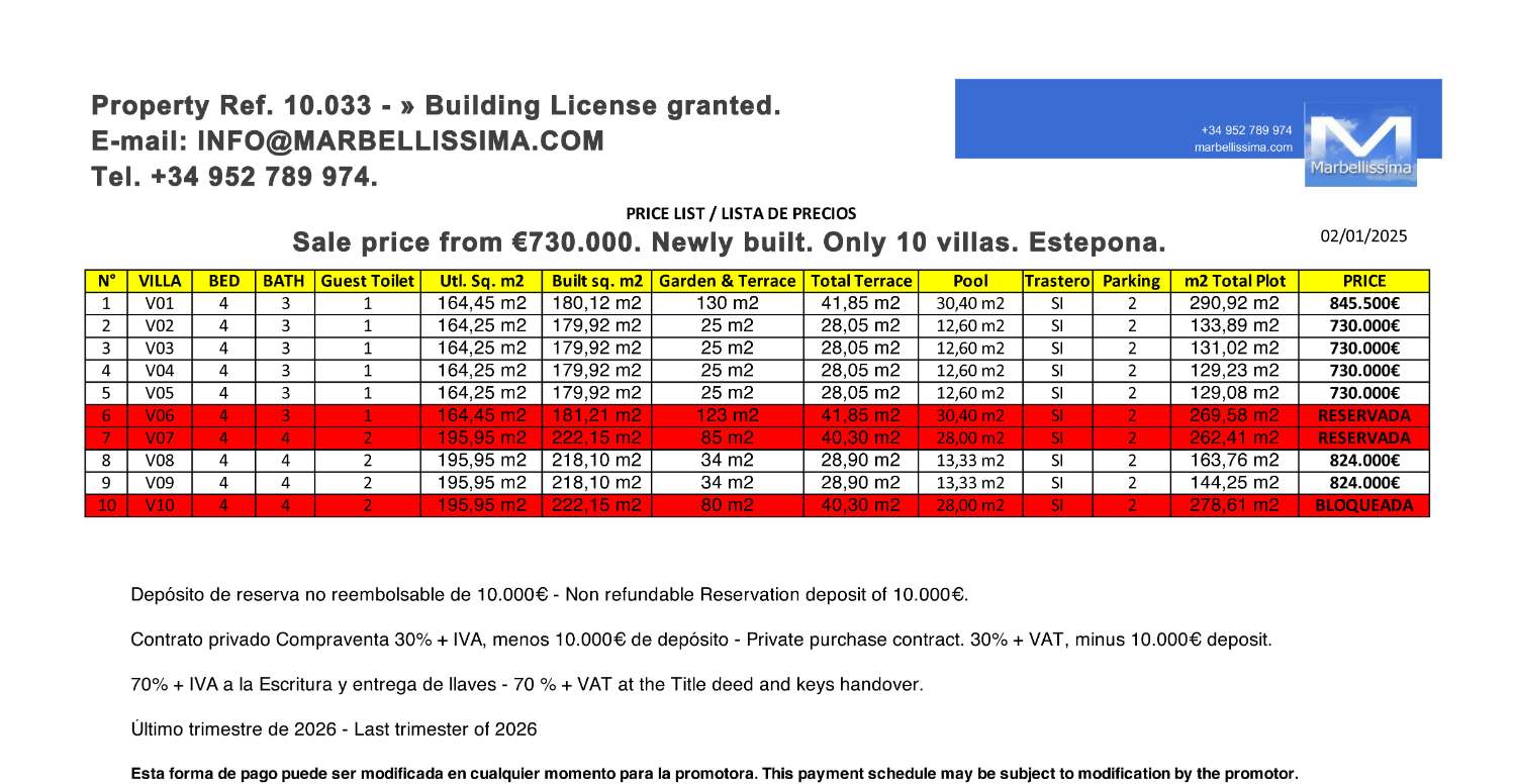 Preu de venda des de 730.000 €. Viles de nova construcció. Estepona. En construcció.